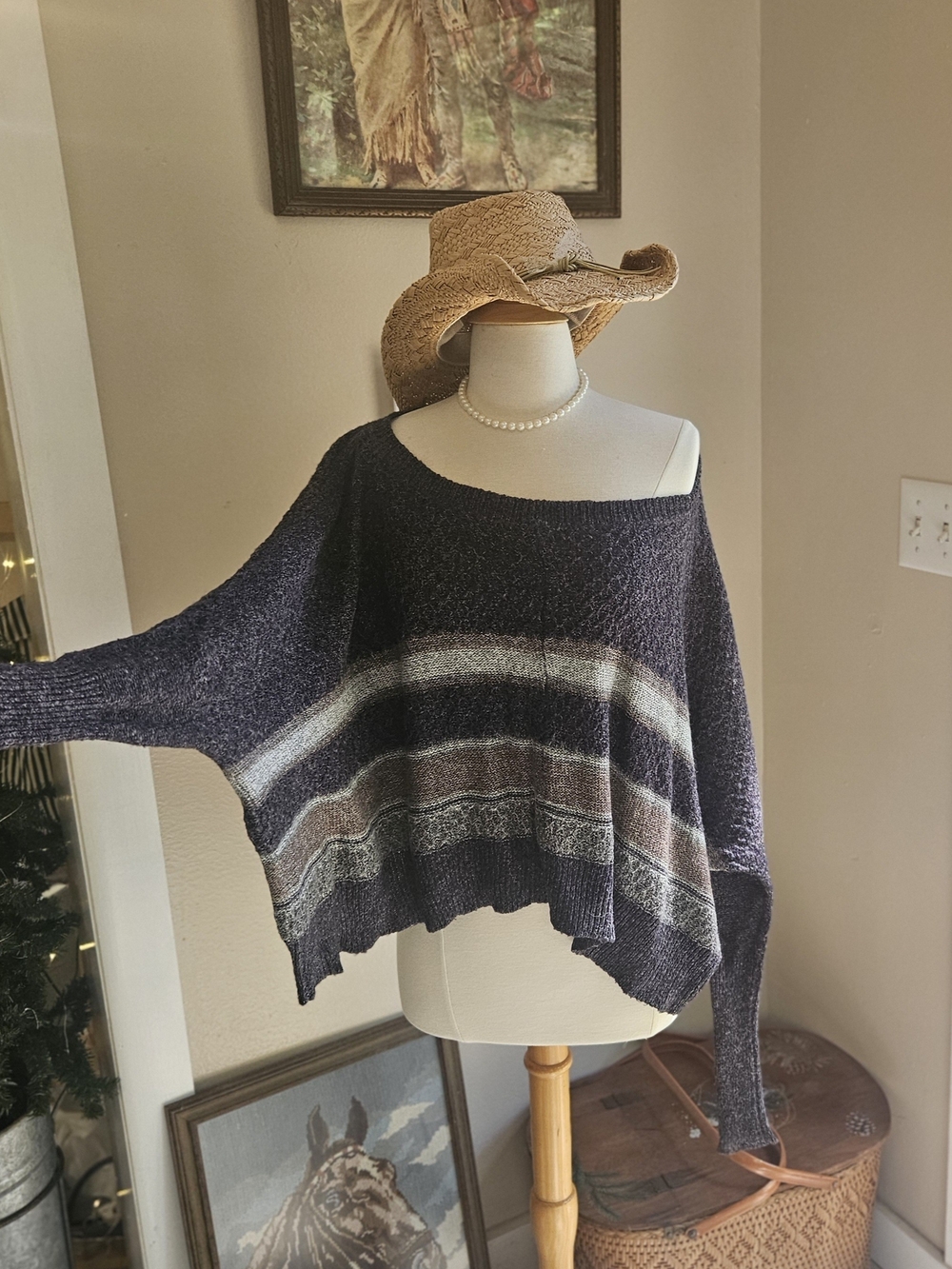 Decree Off-Shoulder Striped Sweater in Navy, Brown and Cream